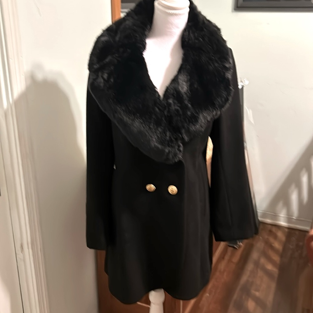 French Connection black, faux fur with gold buttons walking coat.Size L (8-10).